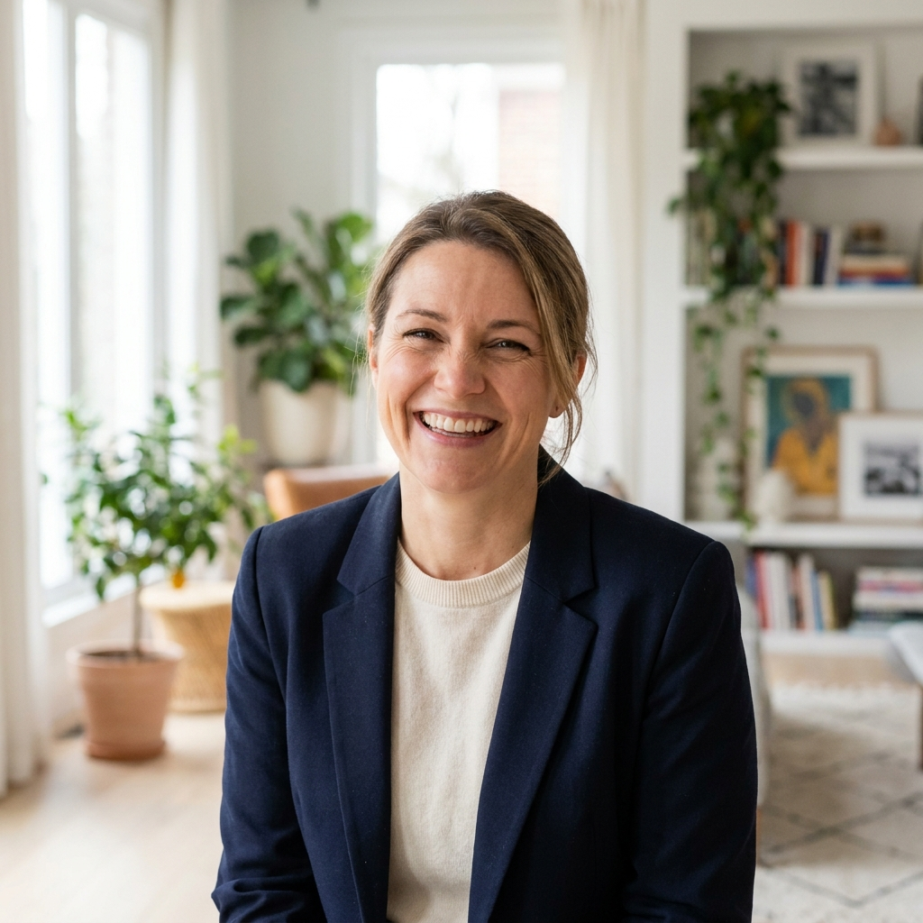 A smiling woman in a blazer stands in a bright living room, used as a customer testimonial photo.