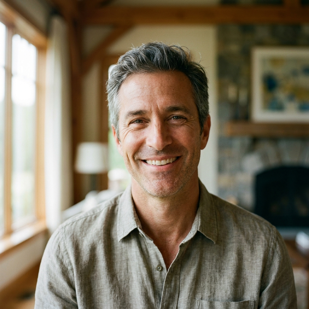 A smiling gray-haired man stands in a wood-beamed room with a stone fireplace, used as a customer review photo.