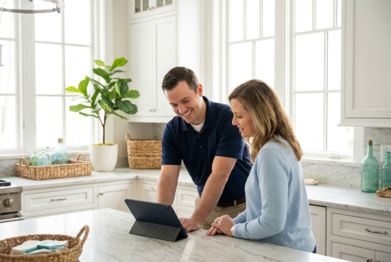 A man and a woman look together at a tablet on a bright kitchen counter.