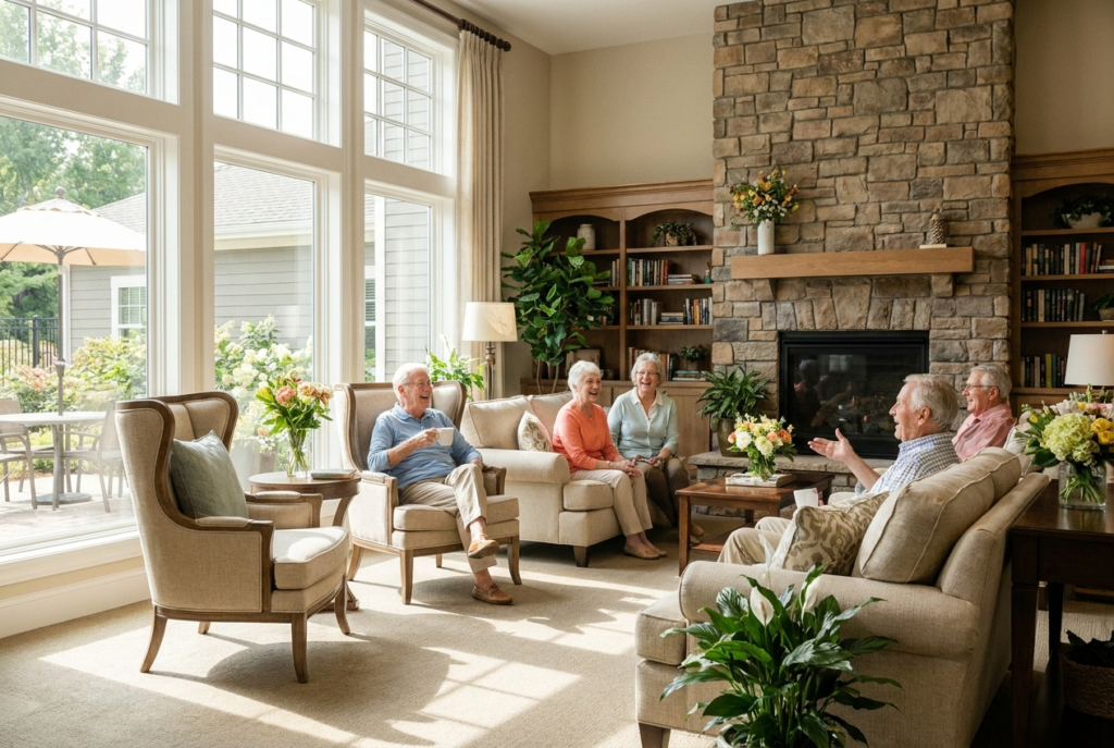 A group of older adults laughs and chats around armchairs and a stone fireplace in a sunny common room.
