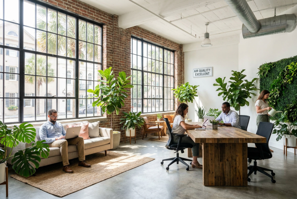 Coworkers work at a wooden table in a plant-filled brick office beneath a sign reading Air Quality Excellent.