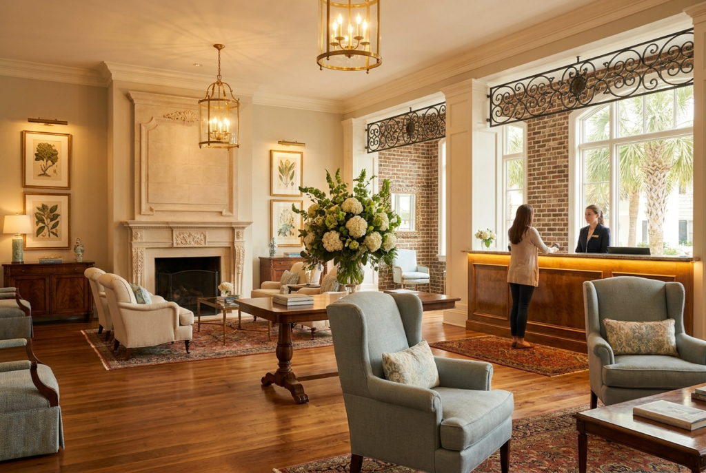 A guest checks in at a wood-paneled hotel reception desk beneath a chandelier.