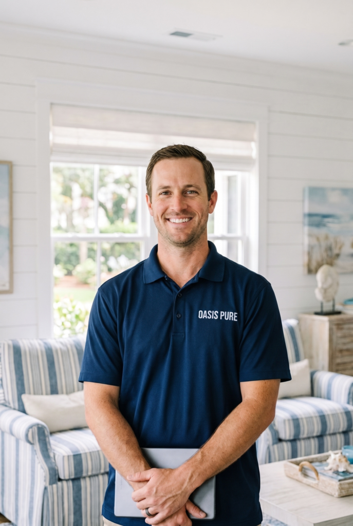 A smiling man in a navy Oasis Pure polo shirt holds a tablet in a coastal living room.